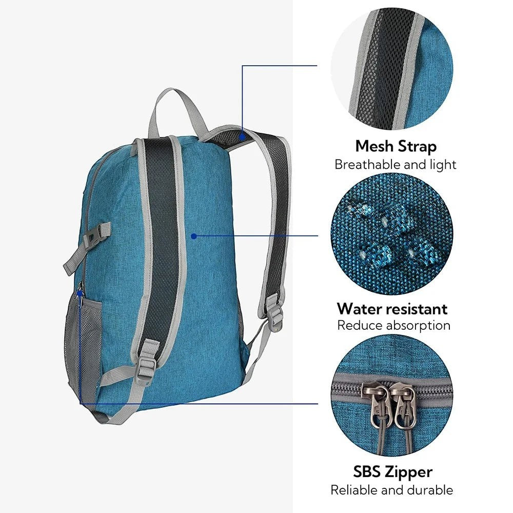 Sac à dos compact et pliable Passion Randonnée bleu de 20 litres, en nylon, avec des bretelles en maille et un revêtement imperméable.
