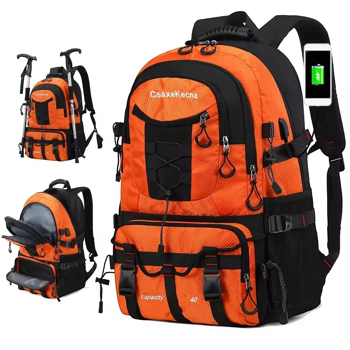 Sac à dos de randonnée Passion Randonnée en nylon imperméable, couleur orange, avec port USB et une capacité de 40 litres.