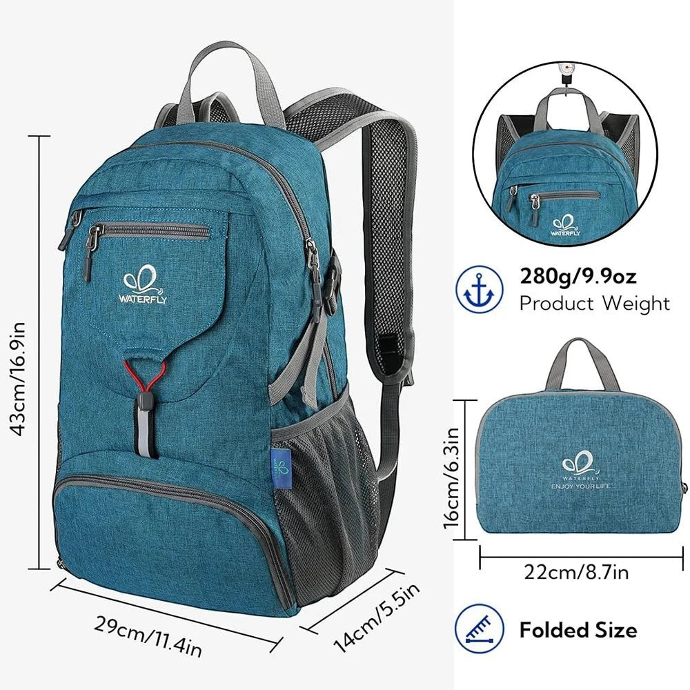 Sac à dos pliable en nylon Passion Randonnée bleu 20 L avec ceinture à coussin d'air, idéal pour la randonnée et les voyages.