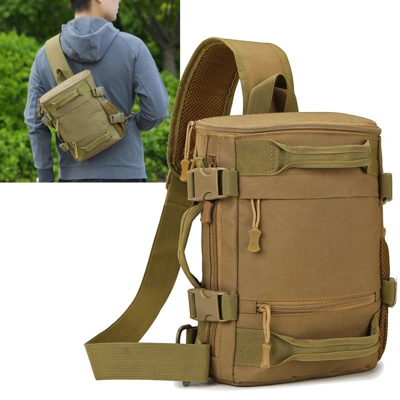 Sac de poitrine tactique compact Passion Randonnée, en tissu Oxford beige, sac à bandoulière ou sac banane polyvalent pour les sports de plein air.