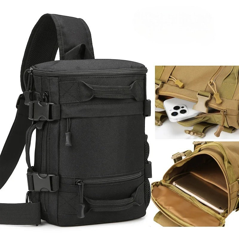 Sac de poitrine tactique noir Passion Randonnée, en tissu Oxford résistant, avec bandoulière réglable, compact, idéal pour la randonnée et le sport.