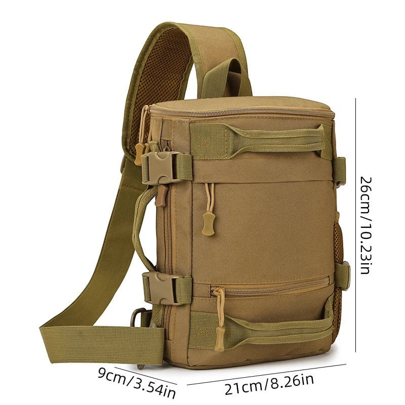 Sac de poitrine tactique compact Passion Randonnée en tissu Oxford beige, avec une sangle réglable et de nombreuses poches.