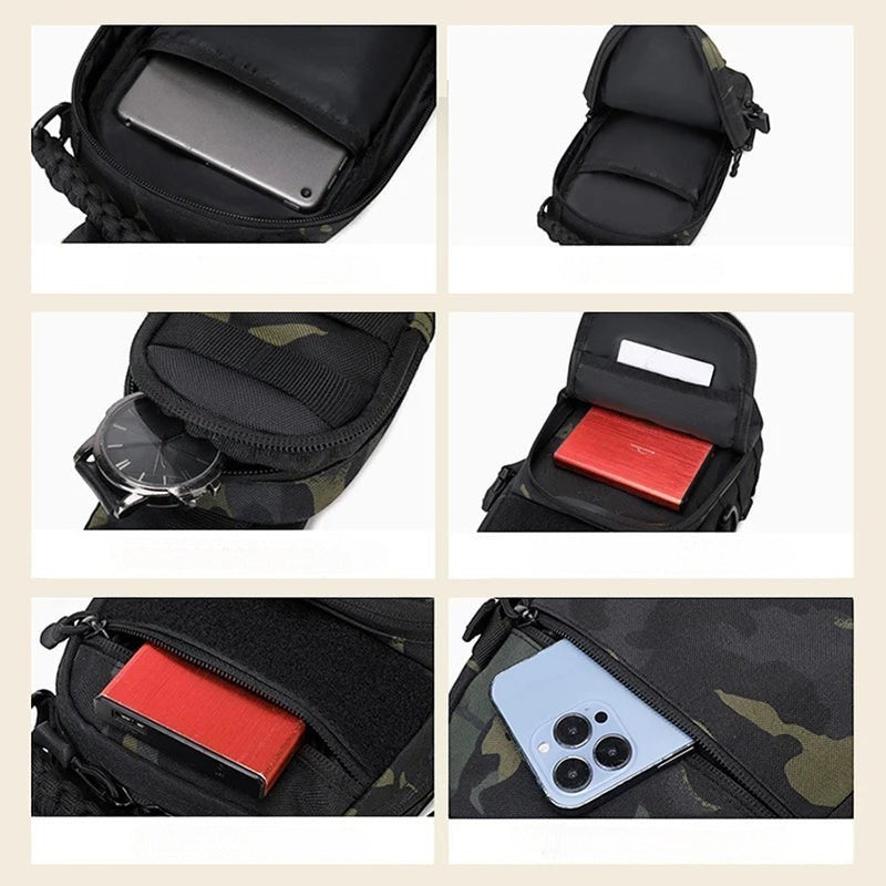 Sac de poitrine tactique Passion Randonnée en nylon camouflage, doté d'une poche avant pour le téléphone et d'un compartiment principal pour les objets indispensables.