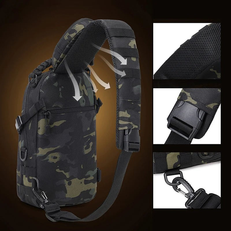 Sac de poitrine tactique Passion Randonnée en nylon camouflage, avec une bandoulière rembourrée et une boucle à dégagement rapide.