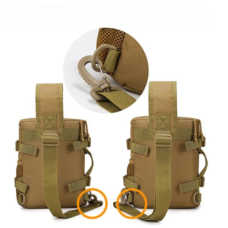 Sac de poitrine tactique Passion Randonnée en tissu Oxford beige, avec bretelles réglables et mousqueton.
