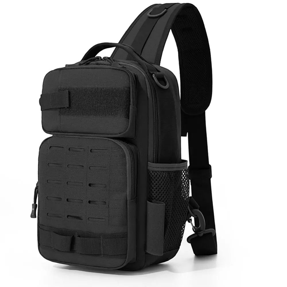 Sac à bandoulière tactique noir Passion Randonnée, en tissu Oxford résistant, avec plusieurs compartiments et une bandoulière rembourrée réglable, idéal pour les activités de plein air.
