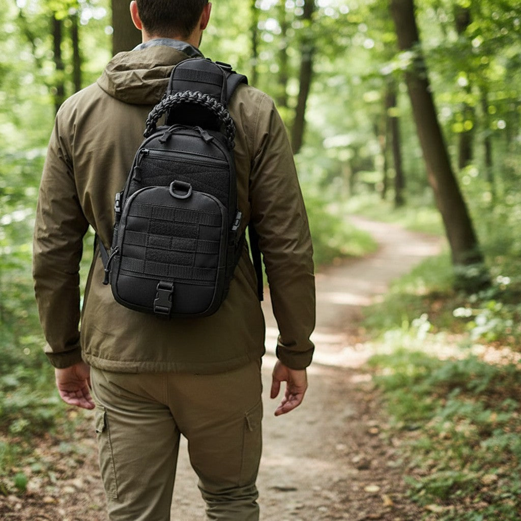 Sac à dos bandoulière tactique noir Passion Randonnée, en nylon imperméable, avec sangles MOLLE et poignée en paracorde, idéal pour la randonnée et les aventures en plein air.