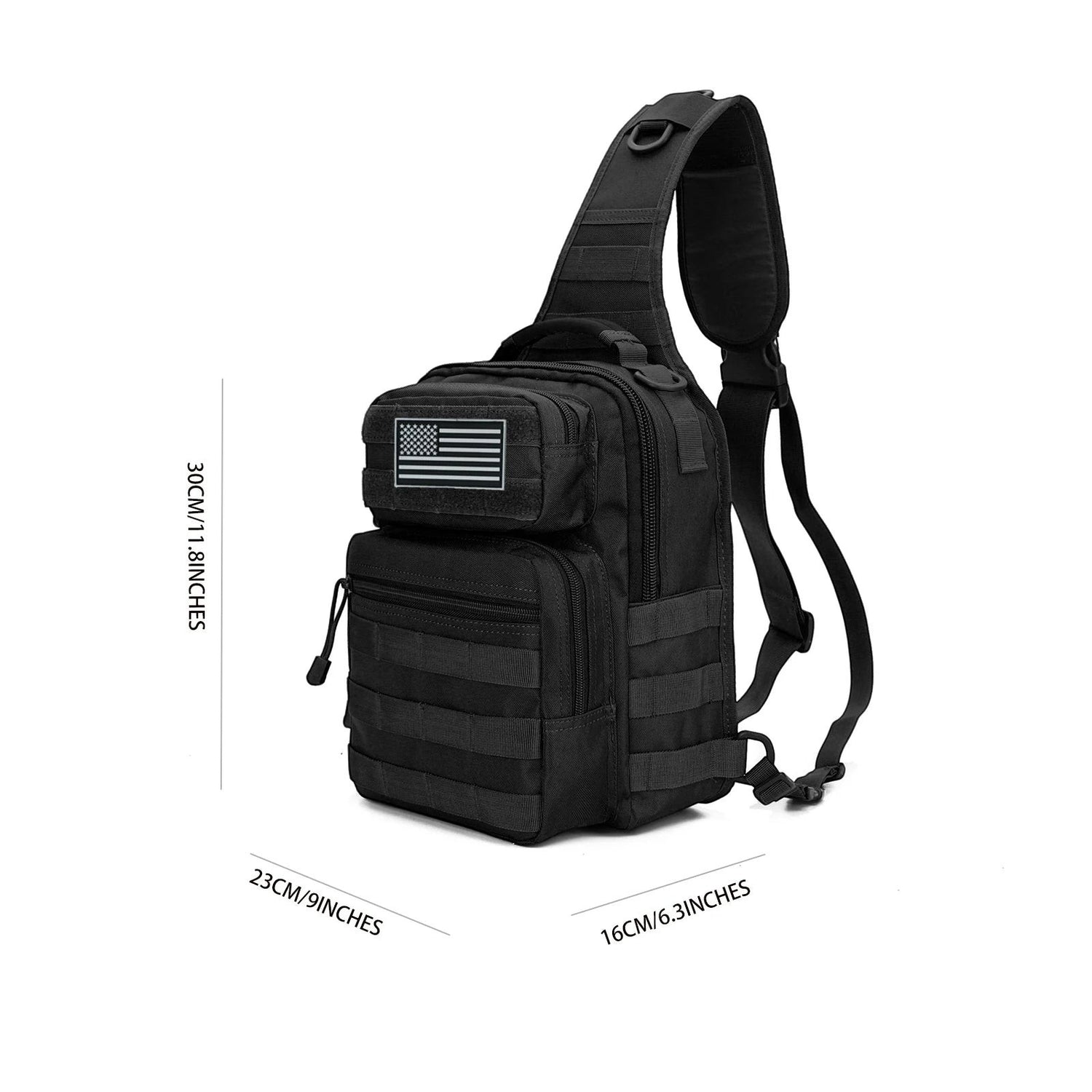 Sac à bandoulière tactique noir Passion Randonnée avec écusson représentant le drapeau américain, fabriqué en nylon résistant, idéal pour la randonnée et la chasse.
