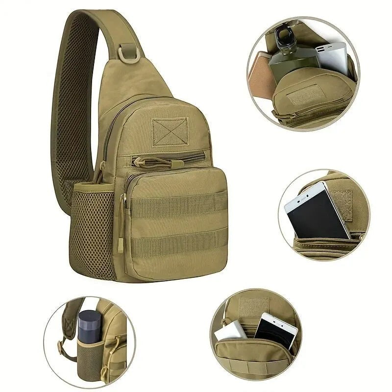 Sac à bandoulière Passion Randonnée en nylon marron, conçu pour la randonnée, doté d'une poche latérale en filet et de multiples compartiments pour ranger l'essentiel.