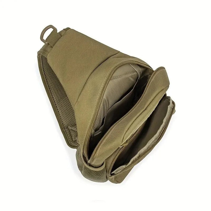 Sac à bandoulière Passion Randonnée en nylon marron, conçu pour les randonnées en plein air, doté de plusieurs compartiments à fermeture éclair et d'une poche latérale en filet.