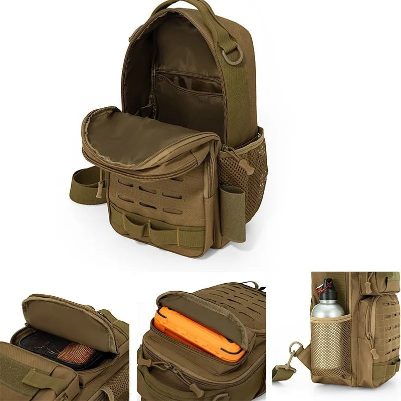 Sac à bandoulière tactique Passion Randonnée en tissu Oxford vert olive, doté de multiples compartiments et d'un porte-bouteille.