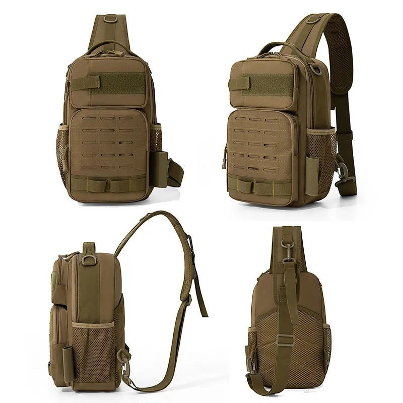 Sac à bandoulière tactique Passion Randonnée, de couleur marron foncé, robuste, doté de multiples compartiments et d'une bandoulière rembourrée, idéal pour les activités de plein air.