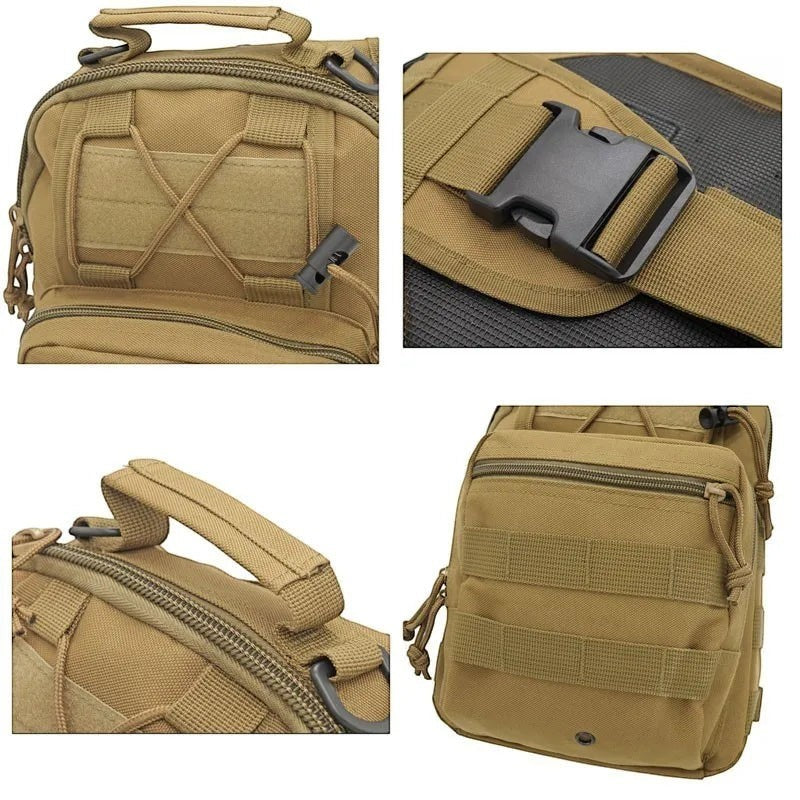 Sac à bandoulière tactique Passion Randonnée de couleur beige, en nylon 600D, à multiples poches, taille S, pour la randonnée et les activités de plein air.
