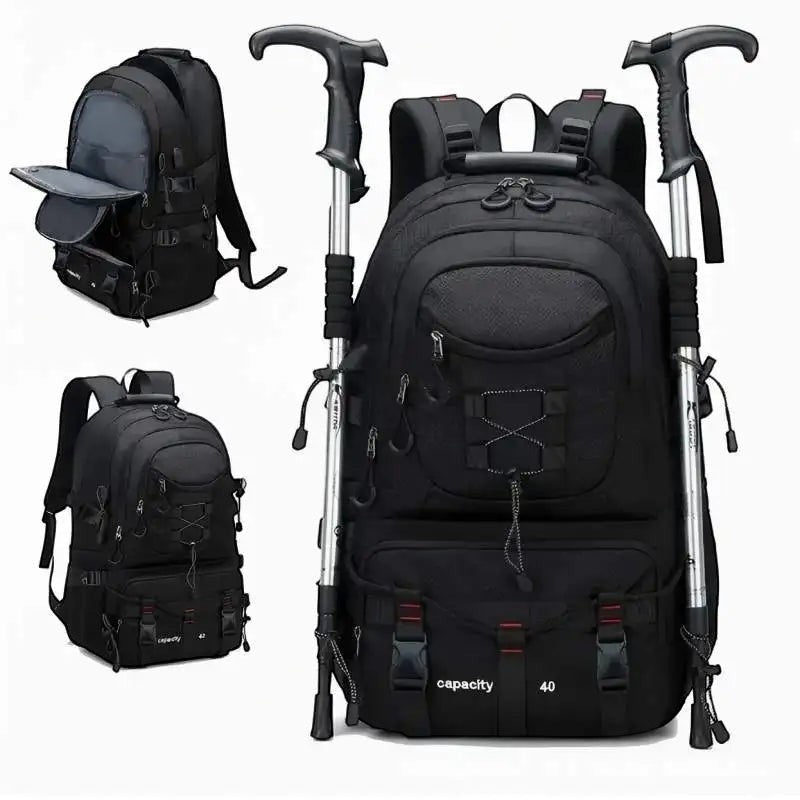 Sac à dos de randonnée Passion Randonnée en nylon noir imperméable, avec port USB, capacité réglable de 36 à 55 litres et recharge externe.