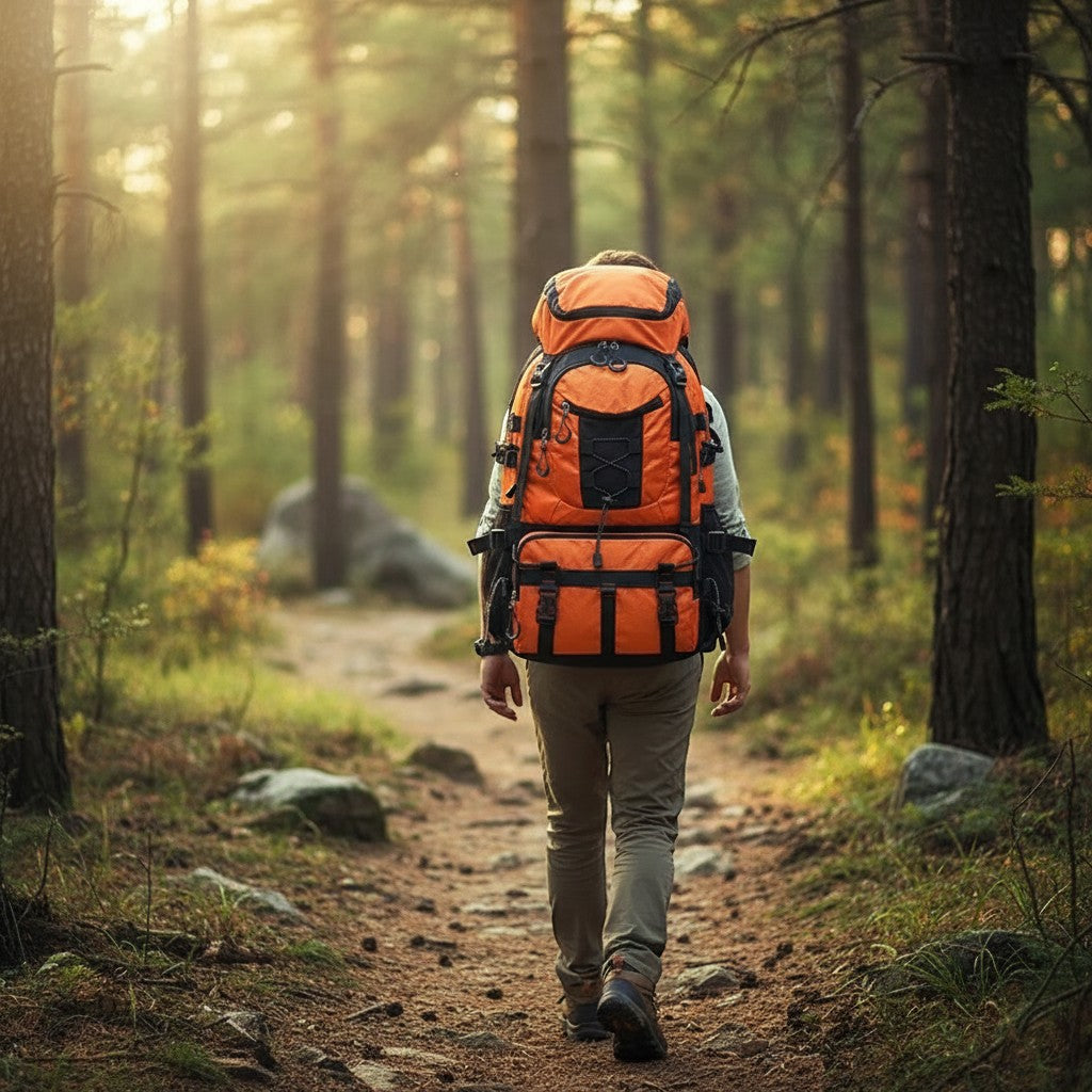 Sac à dos de trekking Passion Randonnée orange et noir imperméable en nylon avec port USB et capacité réglable.