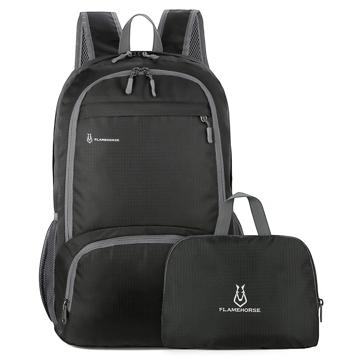 Sac à dos pliable pour femme Passion Randonnée, en nylon léger et imperméable, de couleur noire, avec des finitions grises et des poches latérales en filet.
