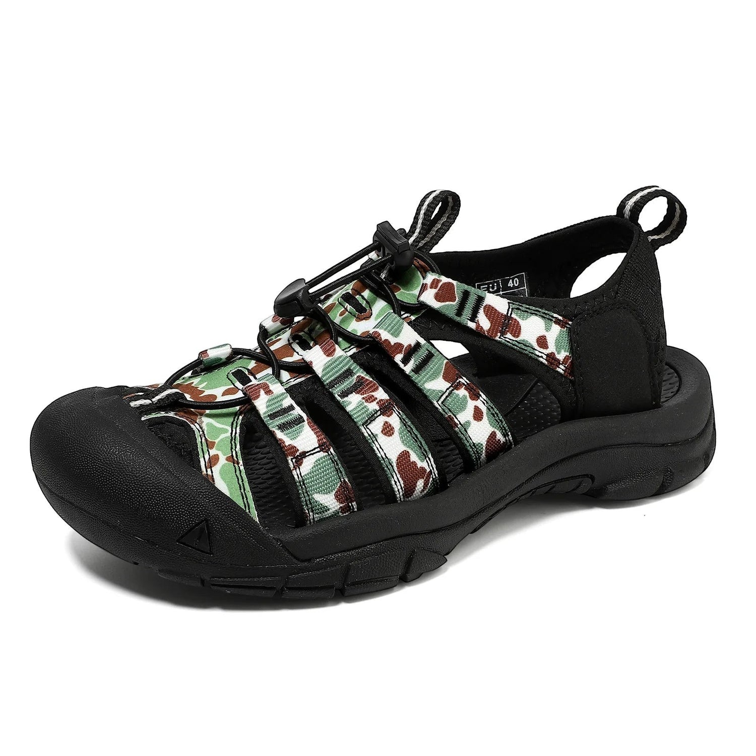 Sandales de randonnée Passion Randonnée à motif camouflage, avec semelle en caoutchouc et lanières en polyester à séchage rapide.