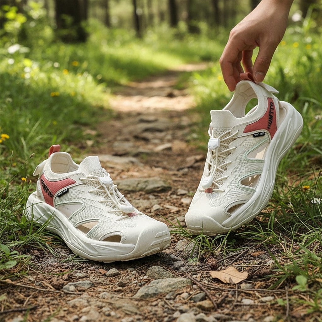 Sandales de randonnée unisexes Passion Randonnée, de couleur crème avec des touches de corail et une semelle blanche épaisse. Dotées de sangles réglables.