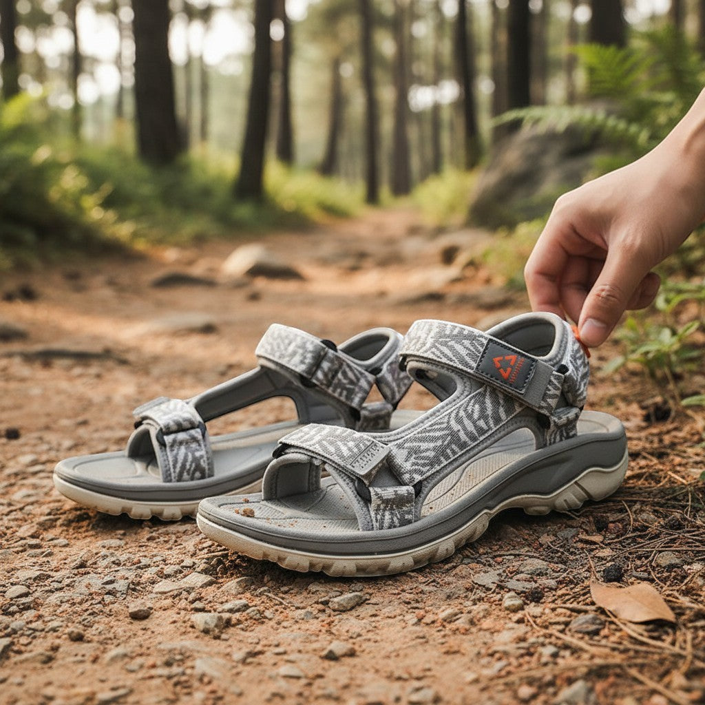 Sandales de randonnée pour femme Passion Randonnée, en tissu technique à motifs gris et blancs, avec des sangles réglables et une semelle adhérente.