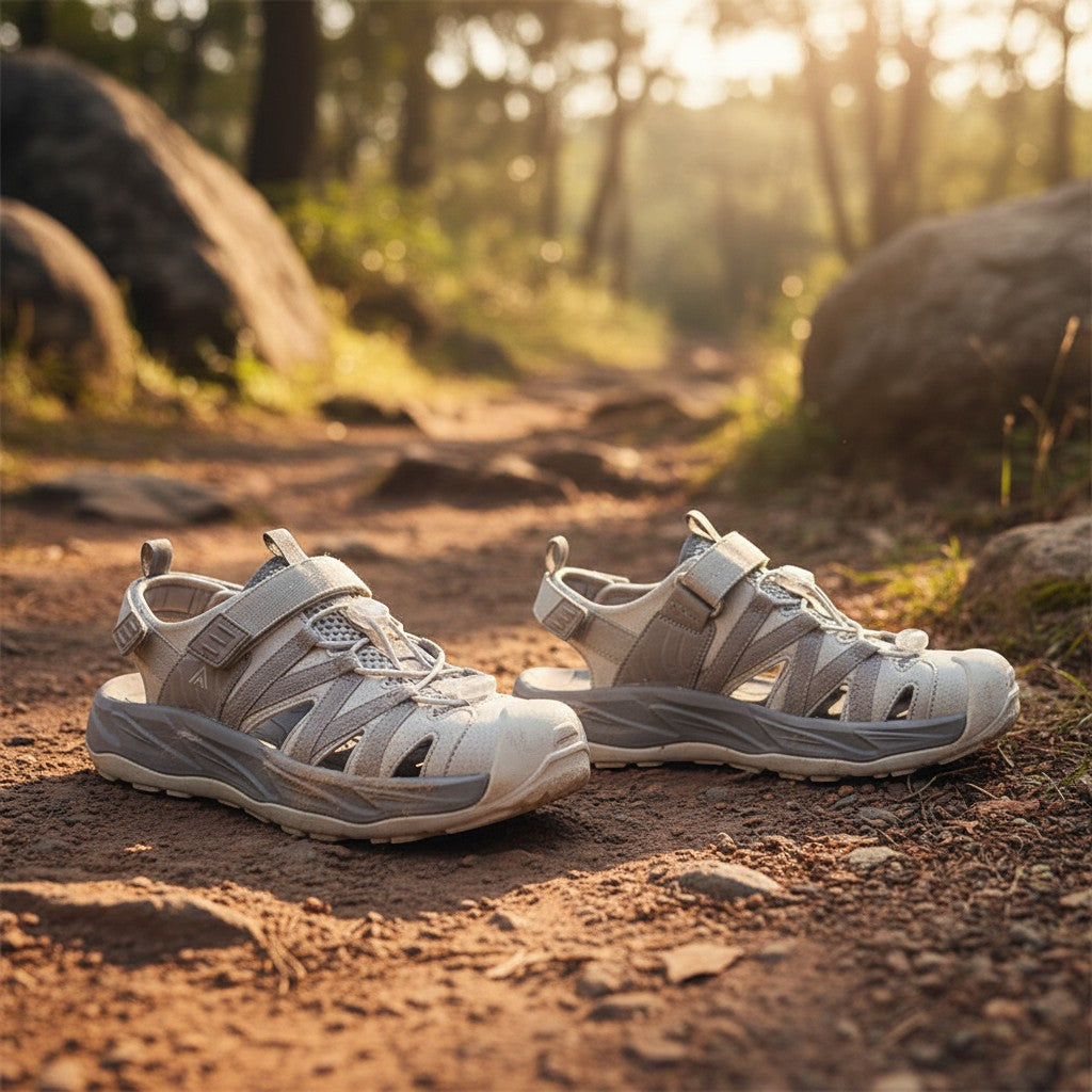 Sandales de randonnée Passion Randonnée, grises, en mélange de matières respirantes, à bout fermé, avec des sangles réglables et une semelle en caoutchouc.