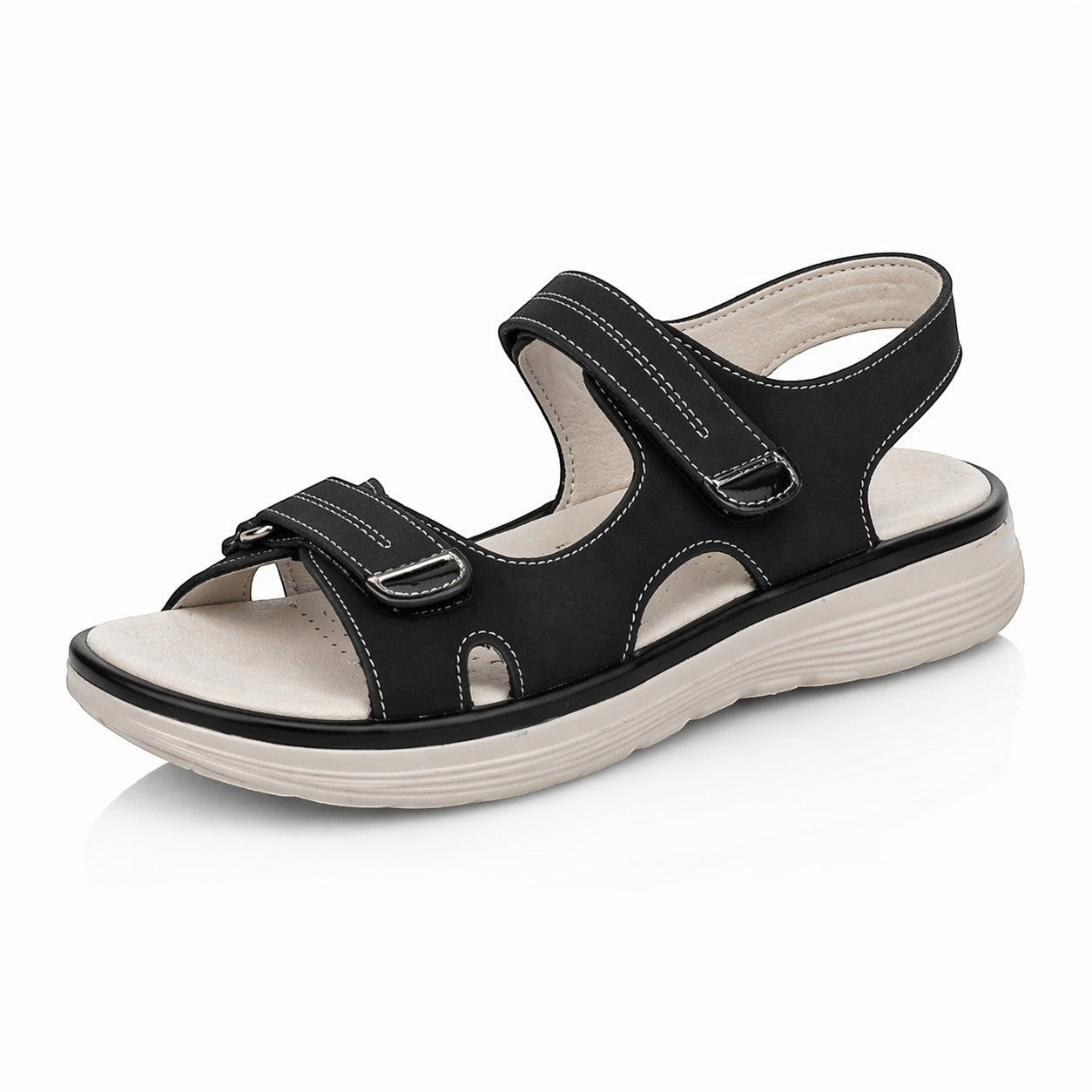 Sandales de marche pour femme Passion Randonnée en polyuréthane noir, dotées d'une semelle épaisse, de lanières réglables et de surpiqûres blanches.