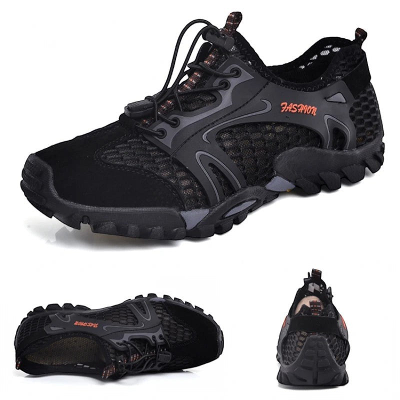 Sandales de randonnée Passion Randonnée en maille noire, dotées d'un renfort de protection au niveau des orteils et en polyester à séchage rapide.