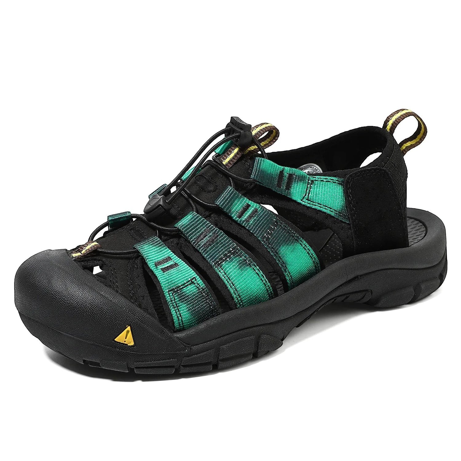 Sandales de randonnée Passion Randonnée, noir et vert, en matériaux mixtes, avec des lanières à séchage rapide et une semelle antidérapante.