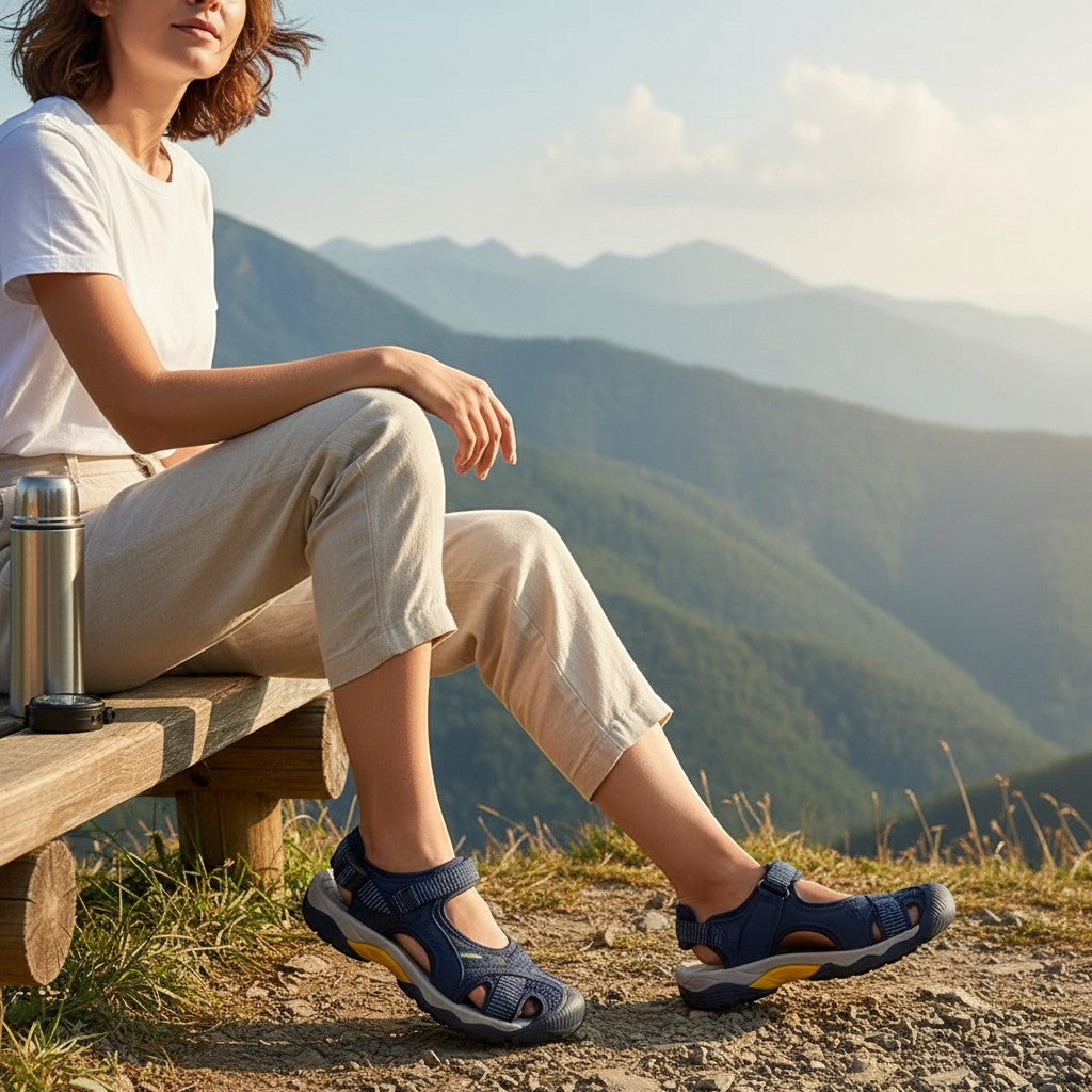 Sandales de randonnée pour femme Passion Randonnée en maille bleu marine, avec maintien de la cheville et sangles réglables, conçues pour les terrains accidentés.