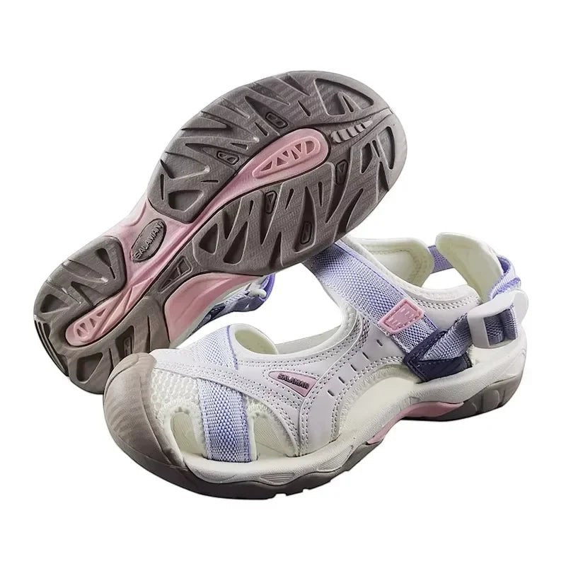 Sandales de randonnée pour femme Passion Randonnée, en maille blanche et lilas, avec maintien de la cheville et semelle en caoutchouc résistante.