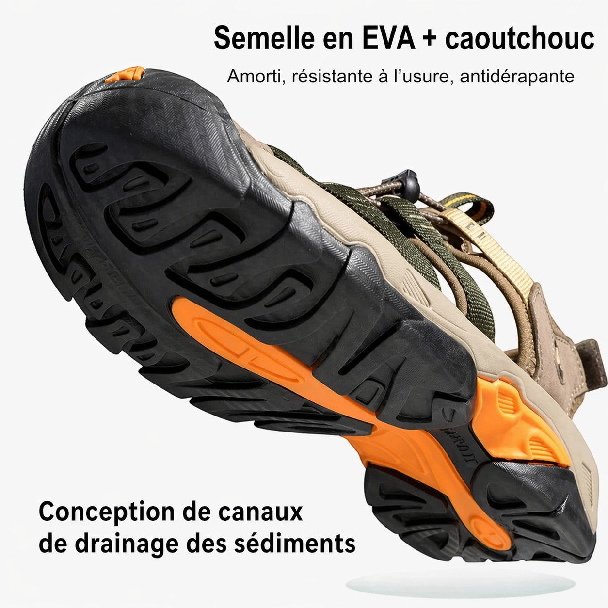 Sandales de randonnée pour homme Passion Randonnée, respirantes, de couleur beige et vert olive, avec une semelle noire et orange.