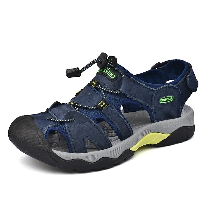 Sandales de randonnée pour homme Passion Randonnée en cuir bleu marine, avec empiècement en maille respirante et semelle en caoutchouc.