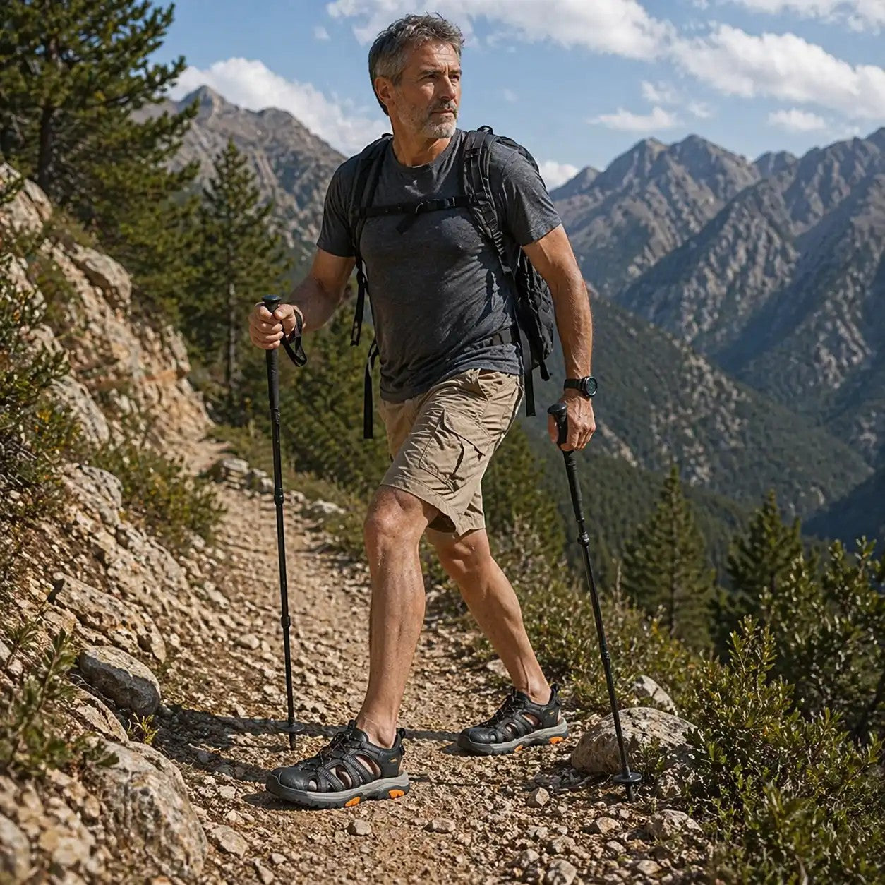 Sandales de randonnée Passion Randonnée pour homme, gris et orange, adaptées à tous les terrains, dotées de sangles réglables et de semelles adhérentes, portées par un randonneur.