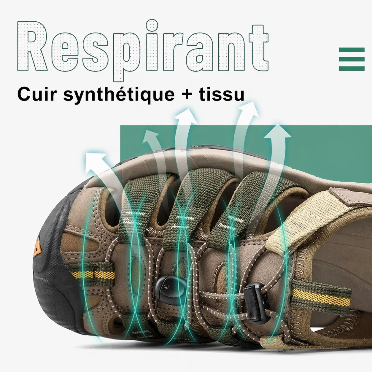 Sandales de randonnée pour homme Passion Randonnée, respirantes, de couleur marron et verte, dotées de sangles réglables et d'une semelle en caoutchouc résistante.