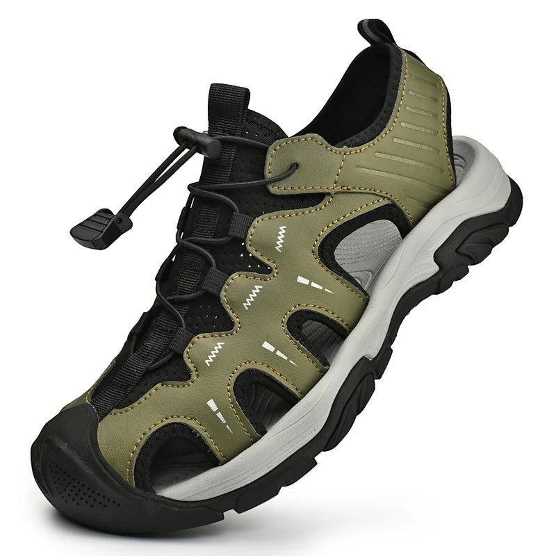 Sandales de randonnée pour homme Passion Randonnée à semelle renforcée, en vert olive et noir, dotées d'un système de laçage rapide et fabriquées en cuir synthétique résistant.