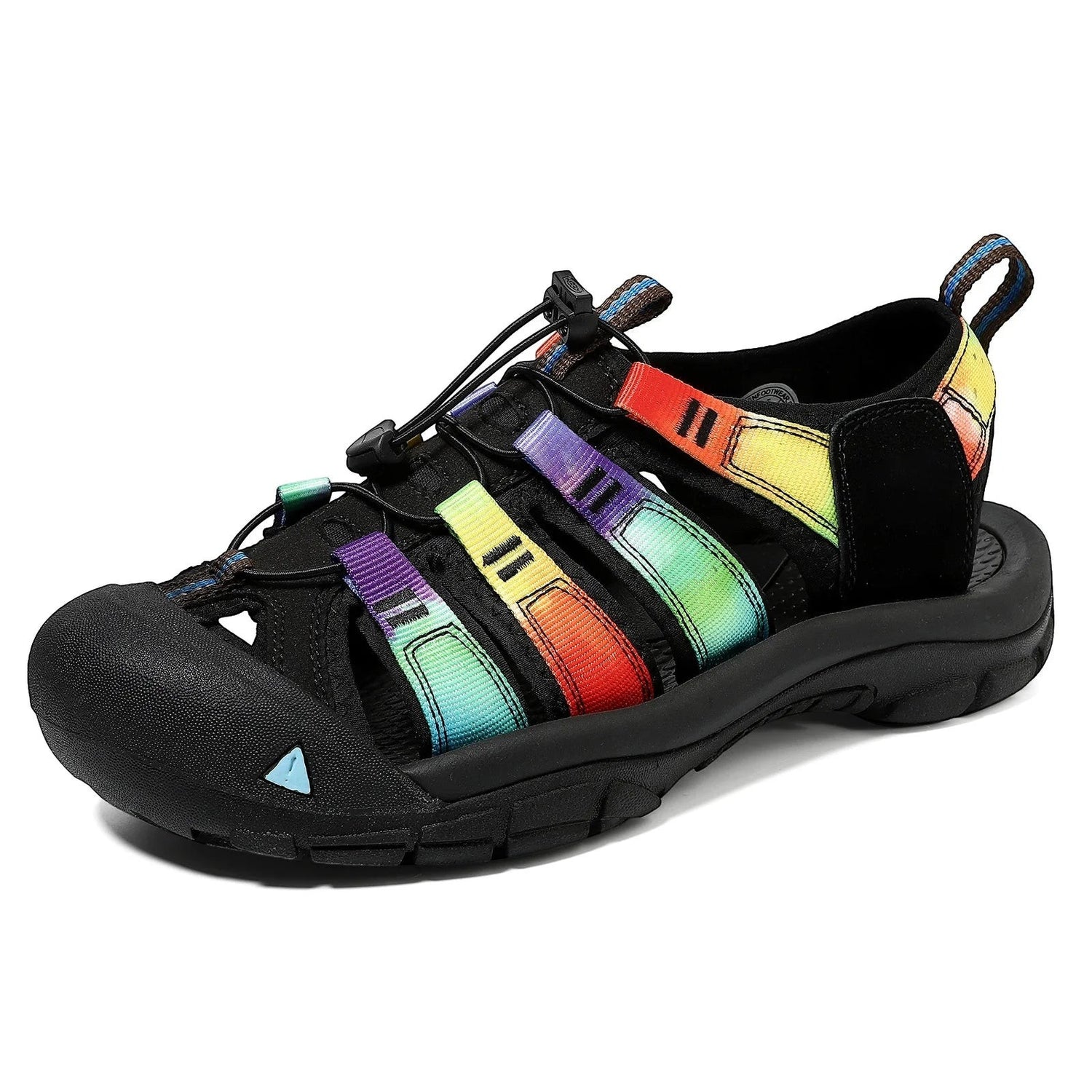 Sandales de randonnée unisexes Passion Randonnée, noires, avec des lanières tie-dye arc-en-ciel et une tige en polyester-élasthanne à séchage rapide.