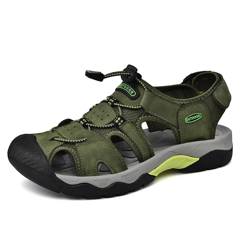 Sandales de randonnée pour homme Passion Randonnée en cuir vert respirant, avec semelle en caoutchouc et fermeture élastique.