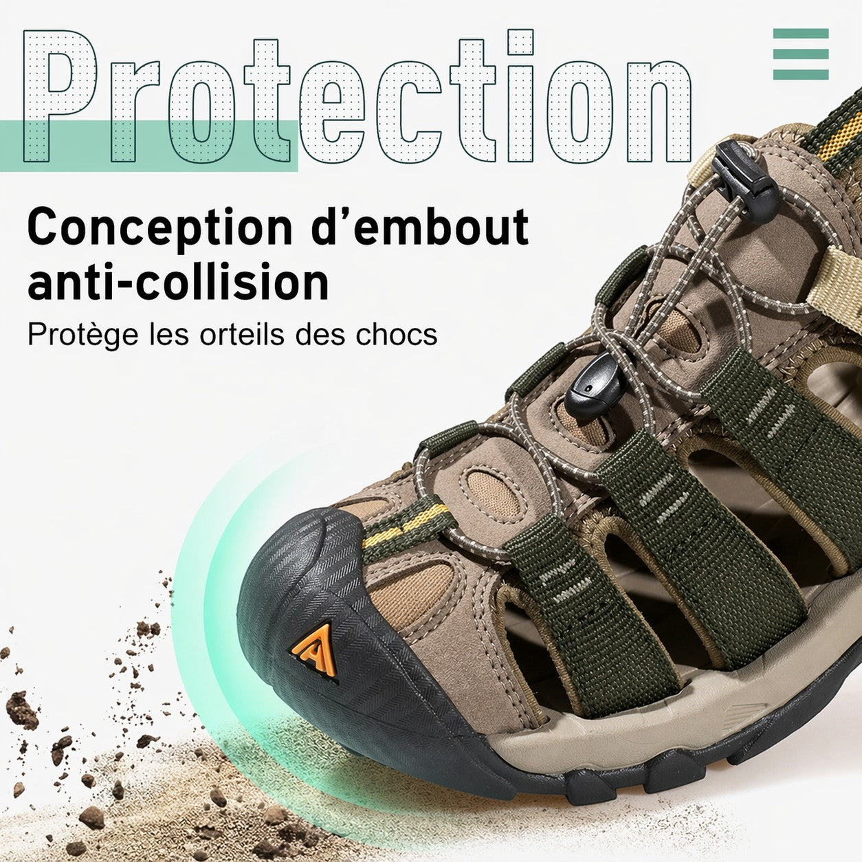Sandales de randonnée pour homme Passion Randonnée, respirantes, de couleur marron et verte, dotées d'une protection anti-chocs au niveau des orteils et de sangles réglables.