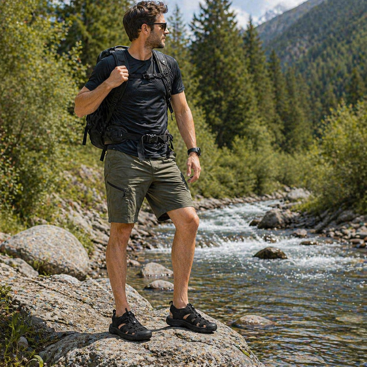 Sandales de randonnée pour homme « Passion Randonnée » noires et respirantes, dotées de sangles à fermeture rapide et d'une semelle en caoutchouc, portées par un randonneur près d'un ruisseau.