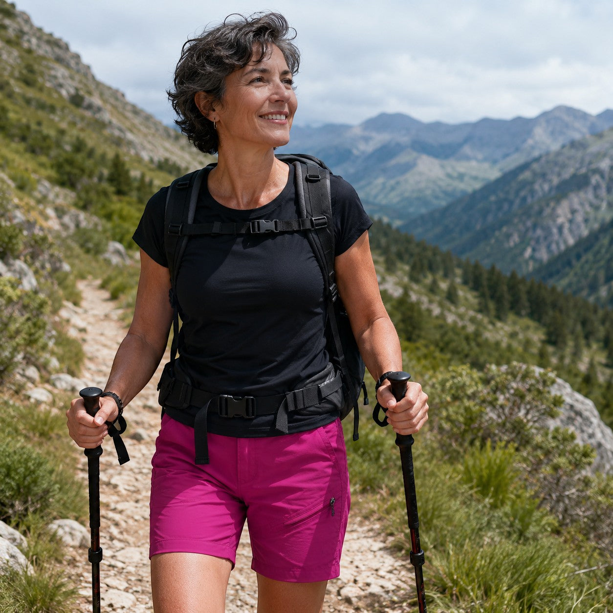 Femme en randonnée portant un short rose Passion Randonnée sur un sentier de montagne, avec sac à dos et bâtons de marche.