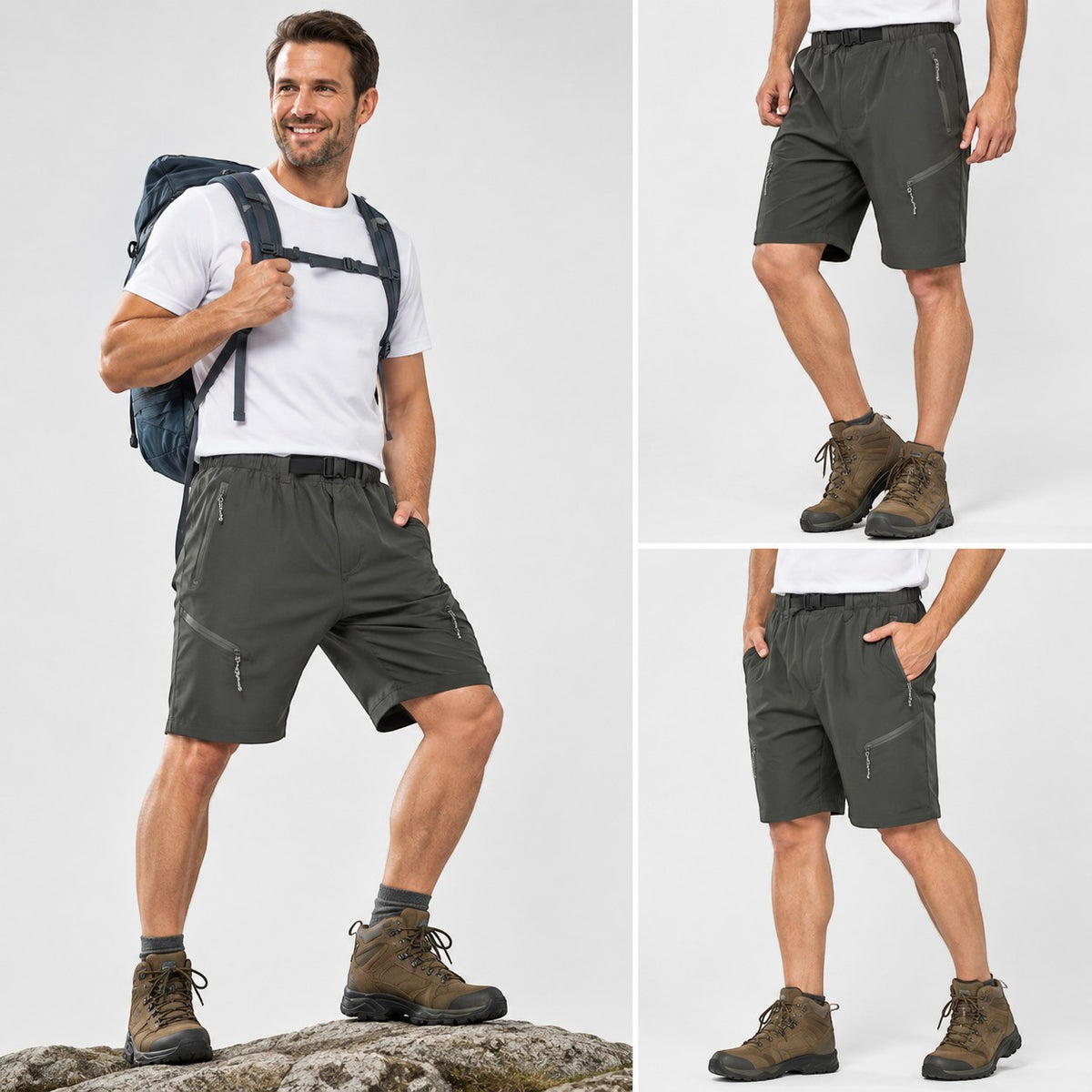 Homme portant un short trekking kaki Passion Randonnée, accompagné de vues produit montrant la coupe, les poches et le maintien à la taille.