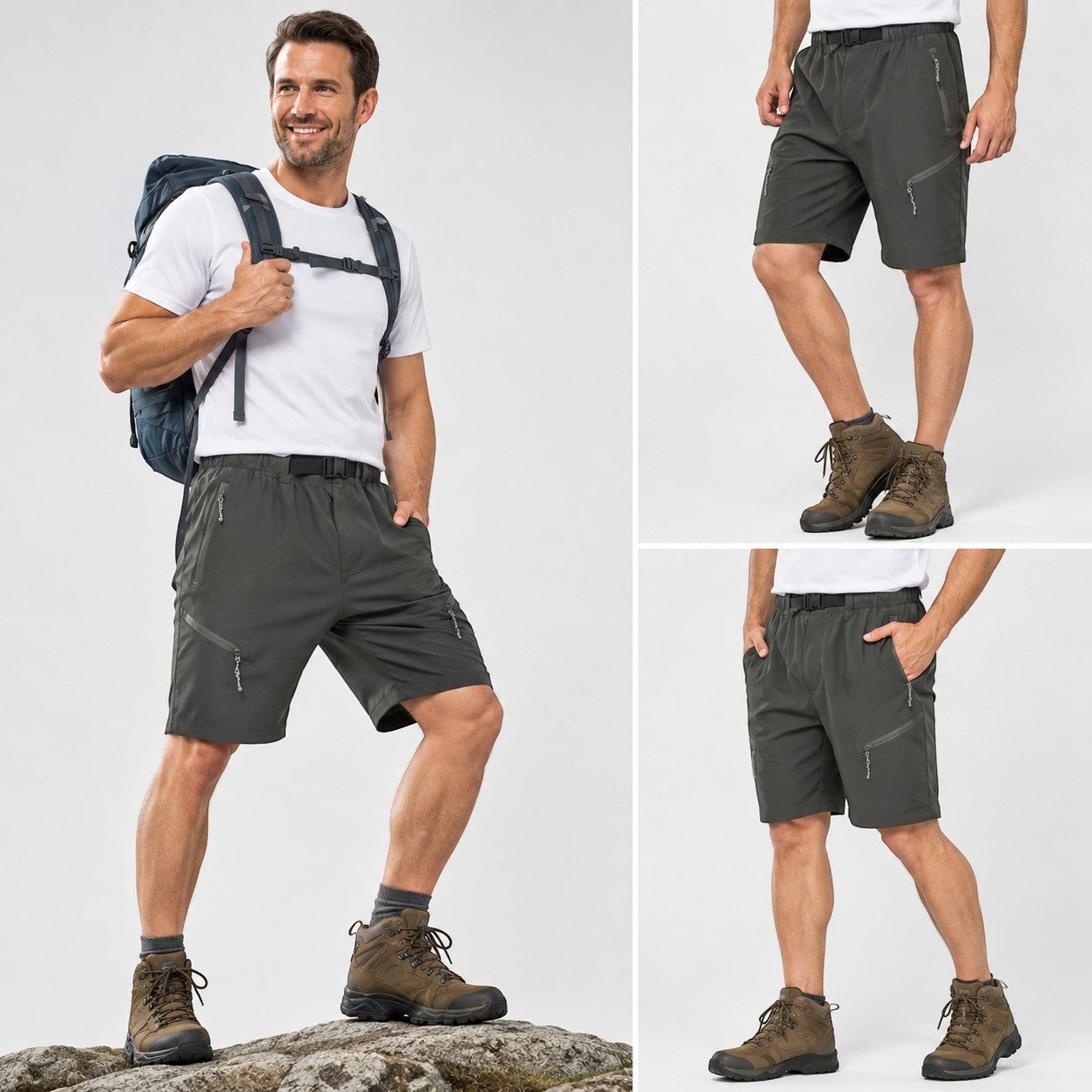 Homme portant un short trekking kaki Passion Randonnée, accompagné de vues produit montrant la coupe, les poches et le maintien à la taille.