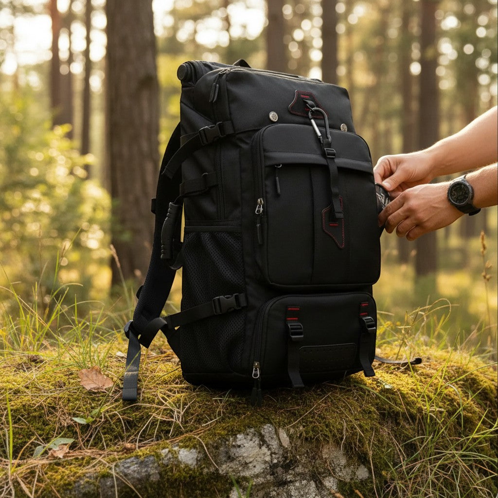 Grand sac à dos de randonnée noir posé sur un rocher en pleine forêt, dans une ambiance naturelle et lumineuse. Une scène idéale pour présenter un équipement outdoor pratique, robuste et adapté aux sorties randonnée, trekking ou camping.