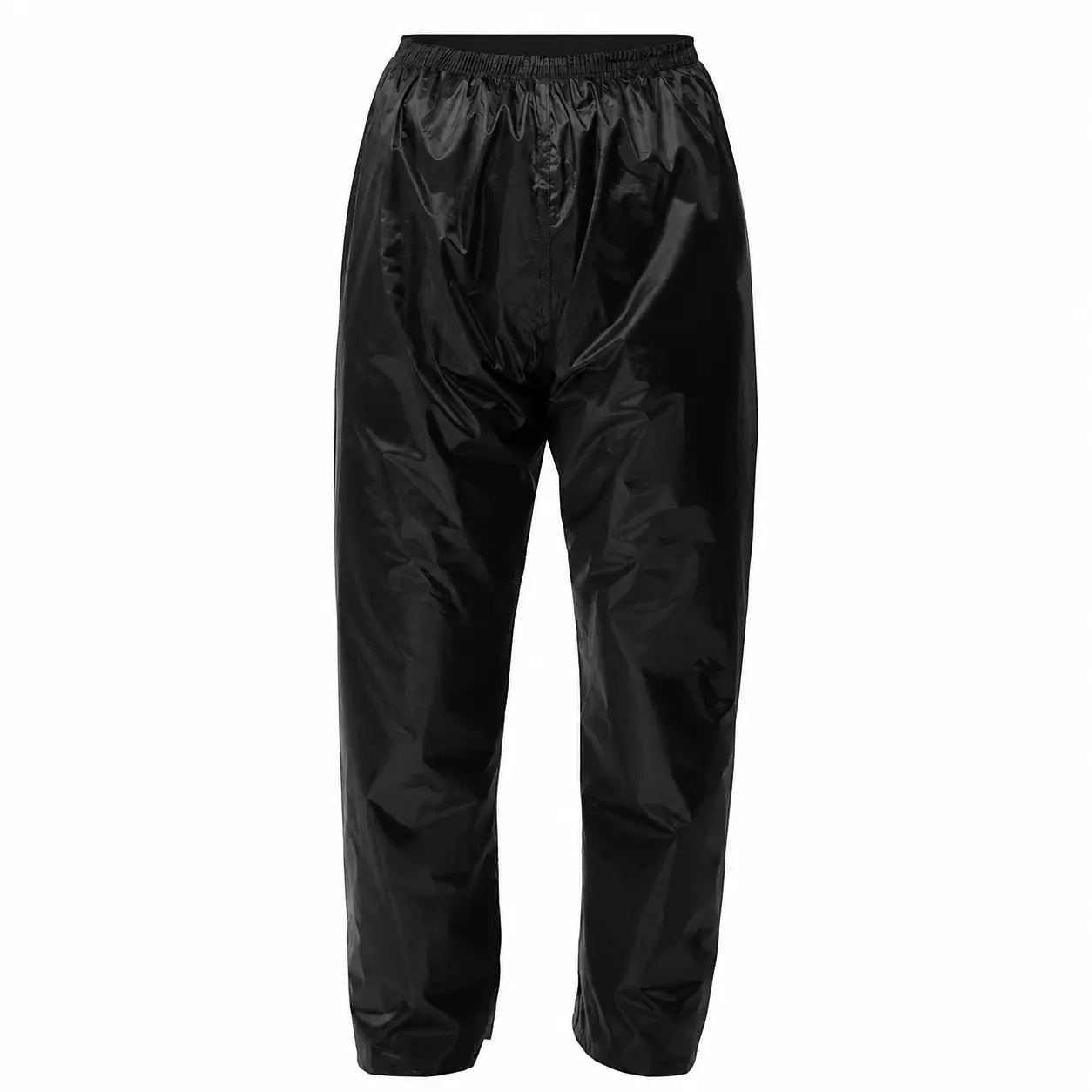 Vue de face d’un surpantalon de pluie noir Passion Randonnée, idéal pour rester au sec pendant la marche, le trekking ou les sorties sous la pluie.