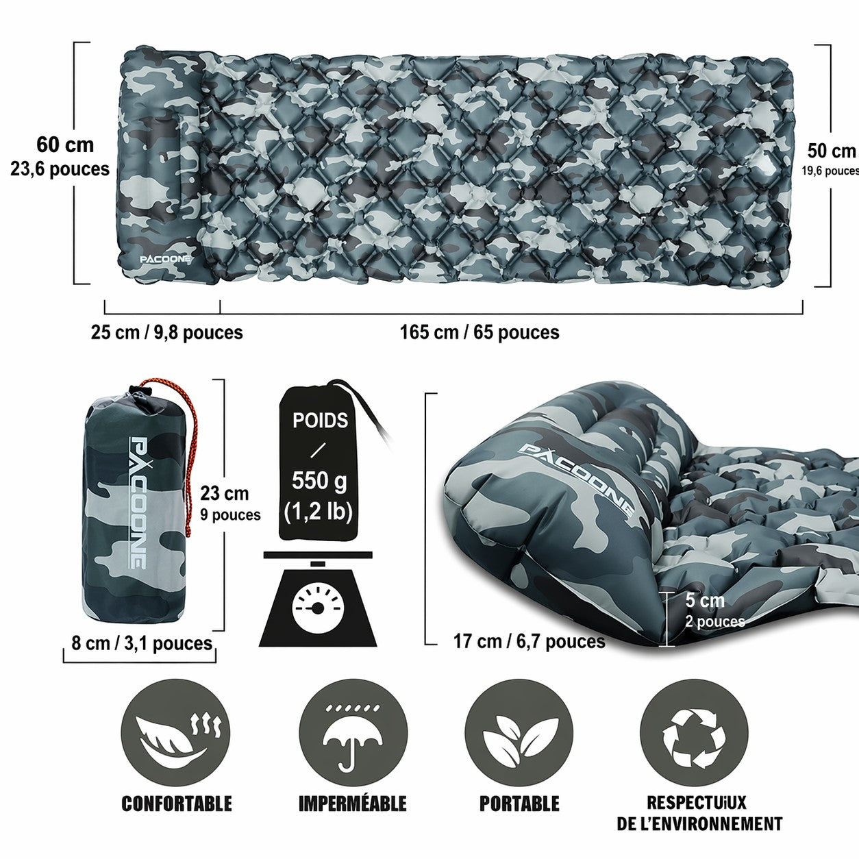 Tapis de camping pliable ultraléger Passion Randonnée, en nylon gris camouflage, compact et imperméable.