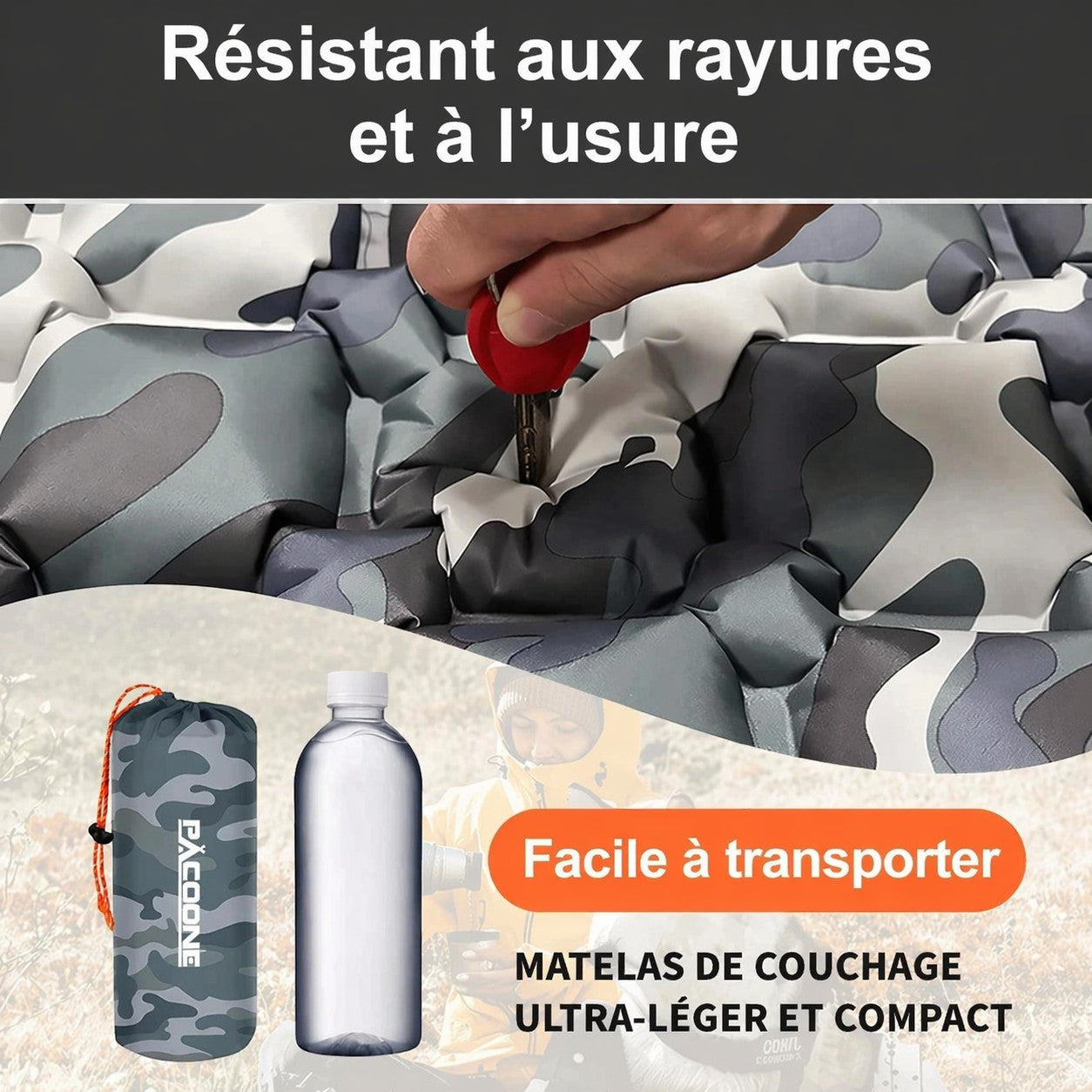 Tapis de camping pliable ultraléger Passion Randonnée, en nylon gris camouflage, compact et facile à transporter.