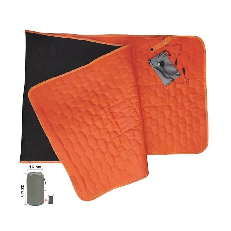 Matelas de camping chauffant Passion Randonnée, orange avec envers noir, rechargeable par USB, motif matelassé, poche pour batterie externe.