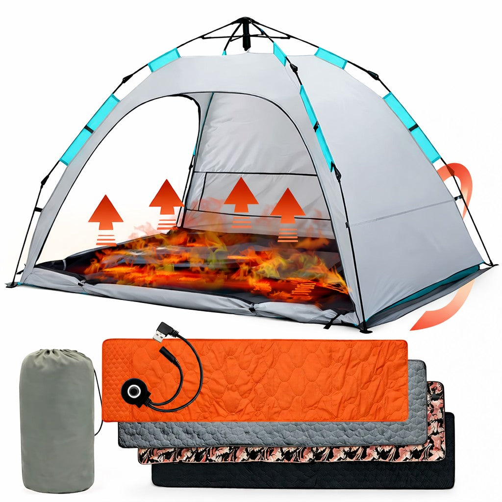 Passion Randonnée USB rechargeable heated sleeping pad with integrated heating system, orange quilted design, ideal for winter camping.