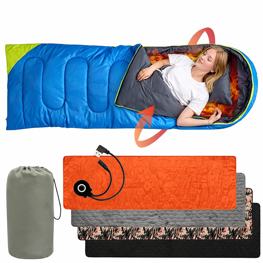 Matelas de sol chauffant Passion Randonnée avec recharge USB, motifs orange, gris et noir, pour le camping d'hiver.