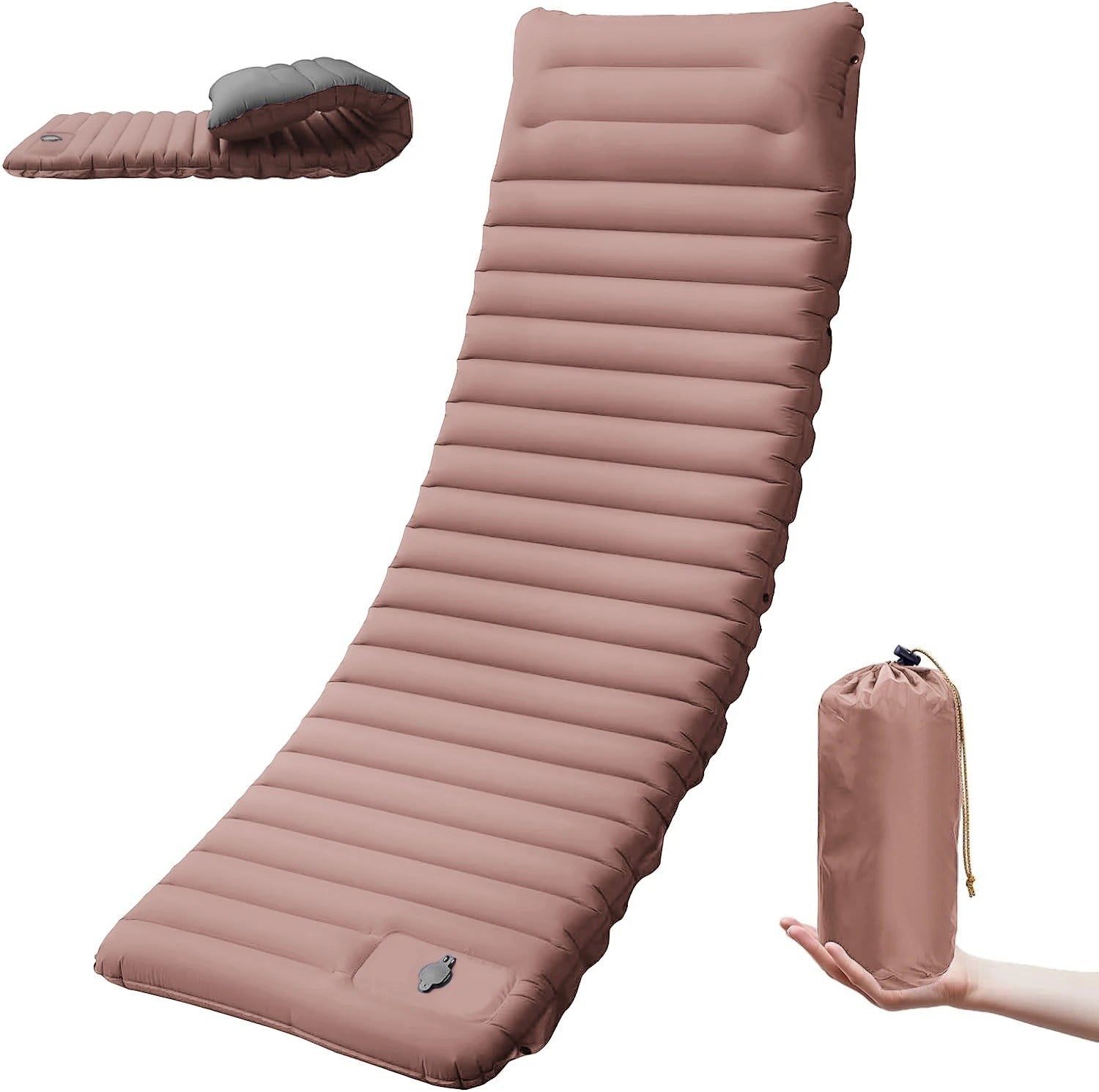 Matelas gonflable Passion Randonnée avec pompe à pied intégrée, en nylon rose doré, compact pour le camping et la randonnée.