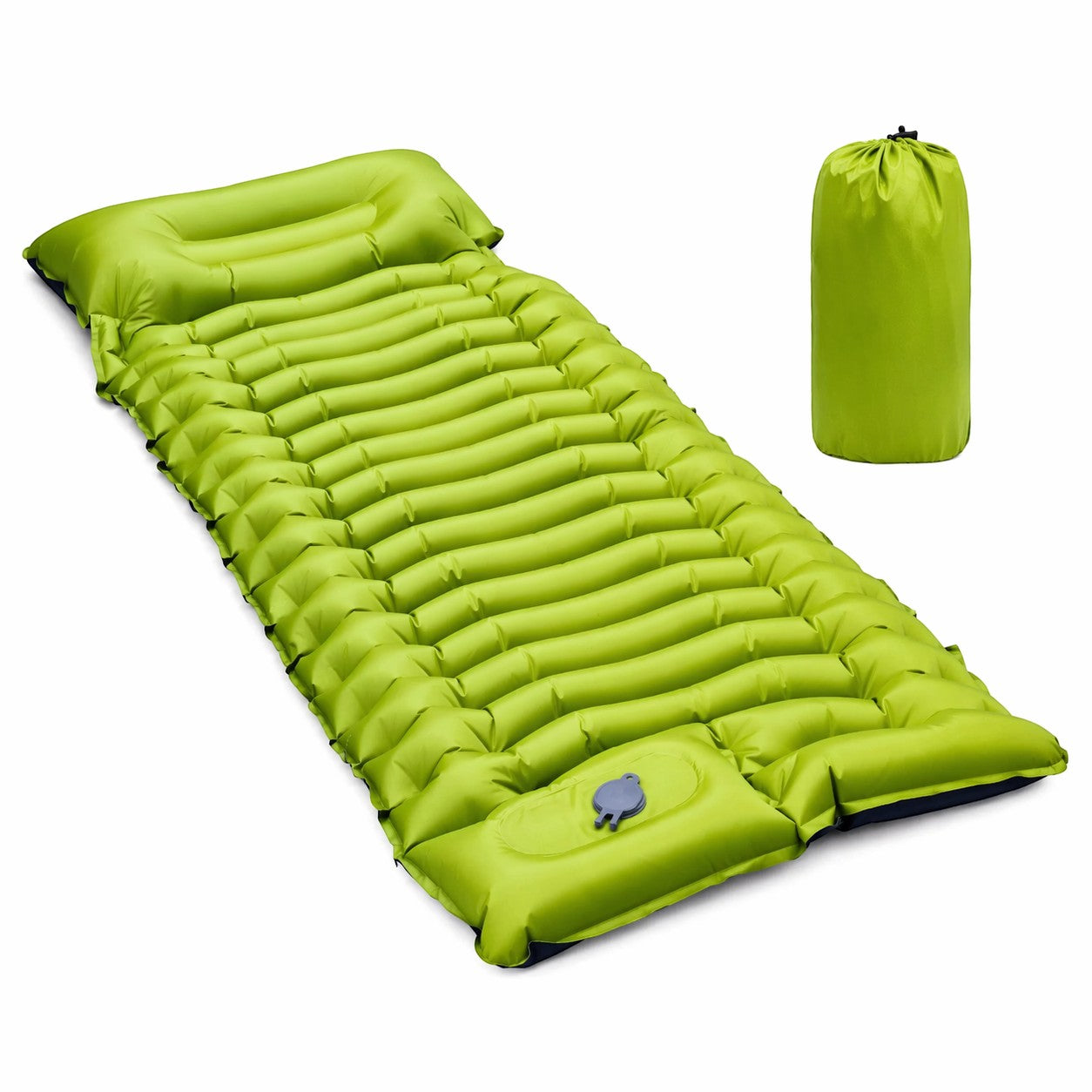 Matelas de camping gonflable vert citron Passion Randonnée, avec pompe à pied et oreiller intégrés.